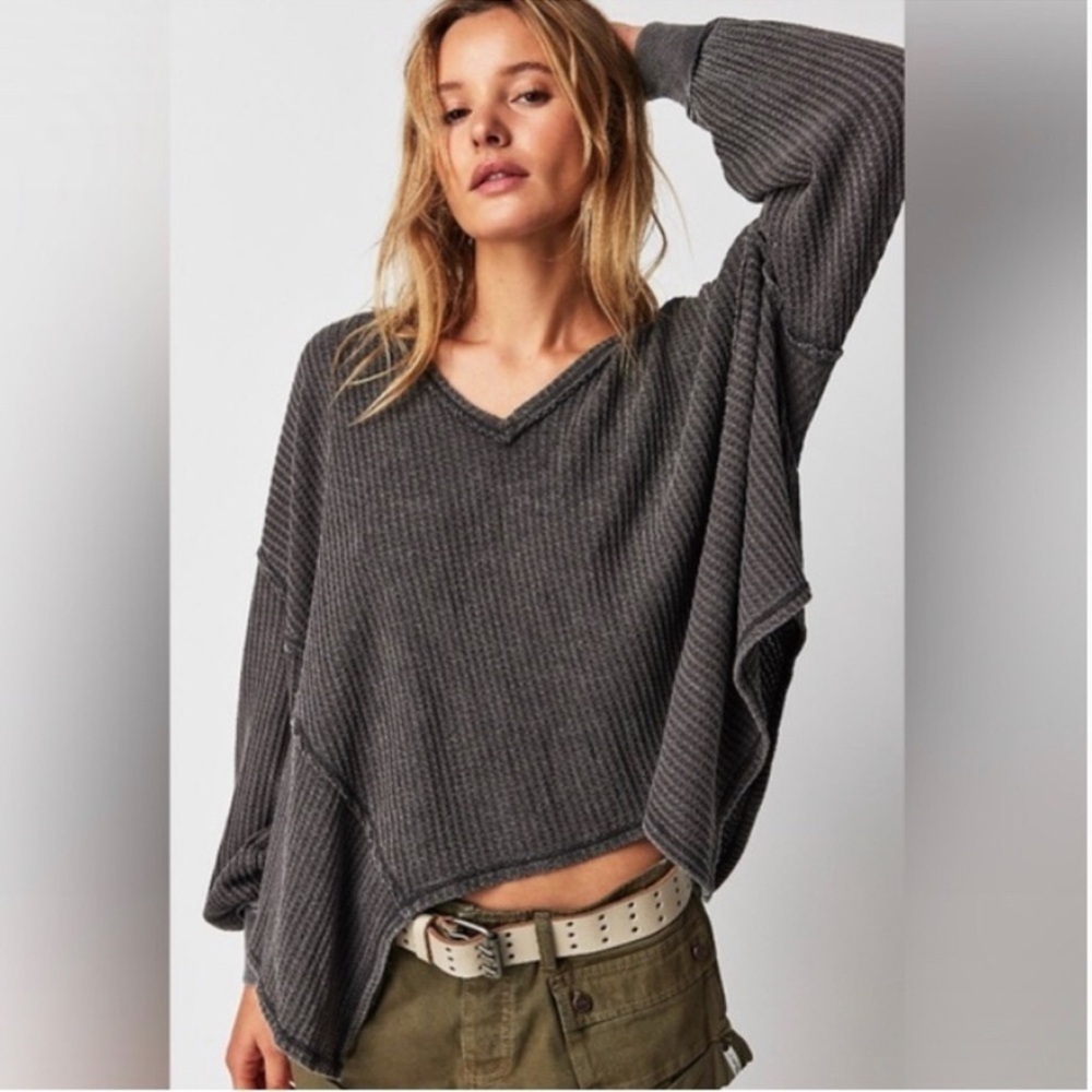 Free People We The Free Coraline Thermal Classic Waffle Knit Relaxed Fit‎ Gray M